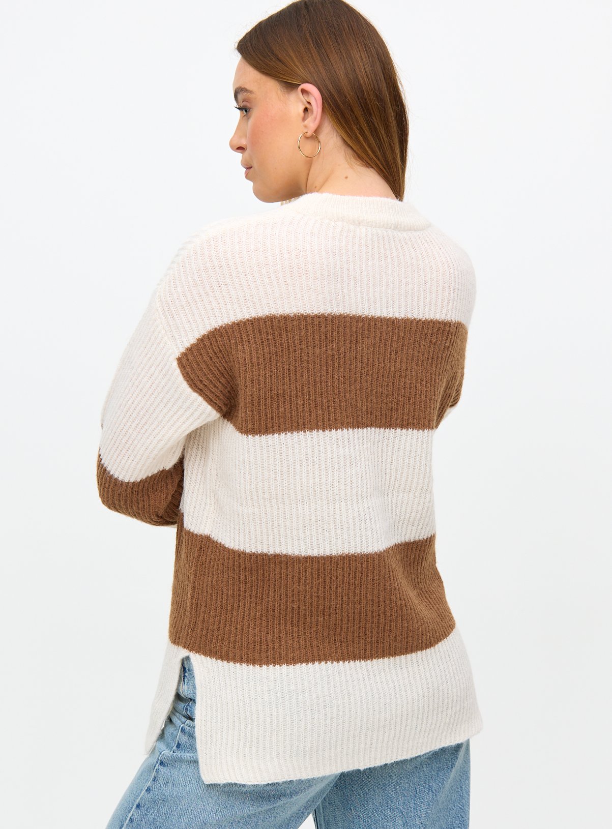 Cream & Brown Stripe Side Split Jumper  S - Image 4 thumbnail